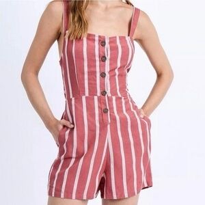 NWT Love Tree Linen & Cotton Blend Tie Back Striped Romper Pink White Nautical S